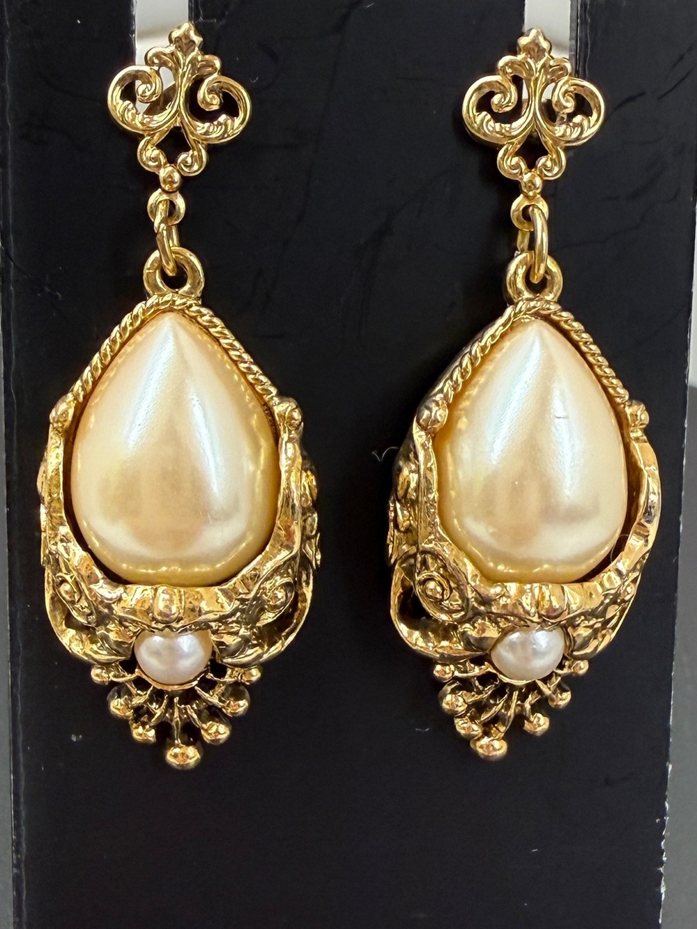 Edwardian Style Gold Tone Pearl Drop Earrings - Elegant Women's Jewelry